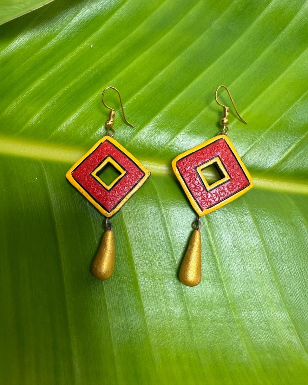 Geometric Blue & Gold Dangle Earrings-Handmade Terracotta