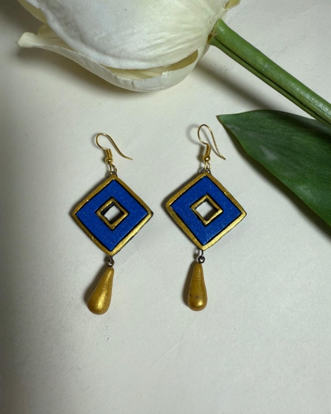 Geometric Blue & Gold Dangle Earrings-Handmade Terracotta