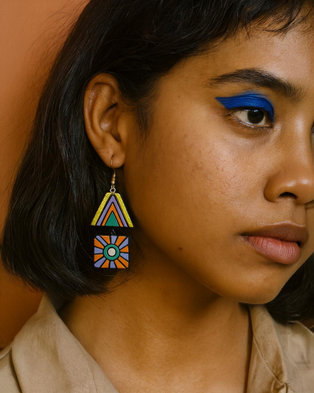 Hand-Painted Geometric Drop Earrings – Tribal Sunburst Design