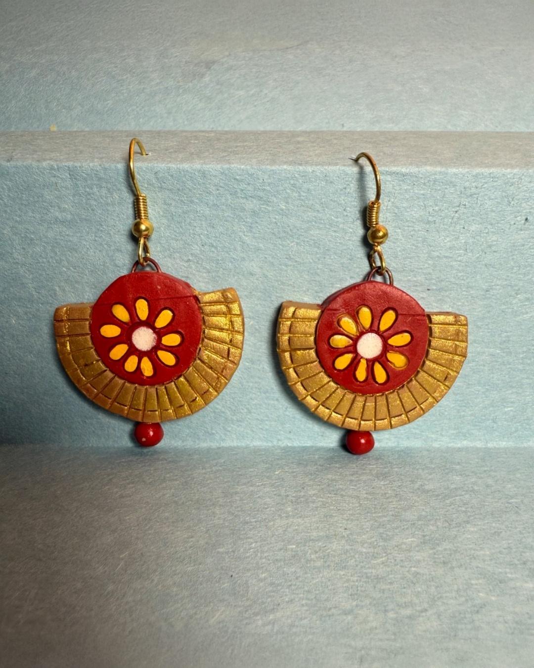 Red & Gold Semi-Circle Sunburst Earrings