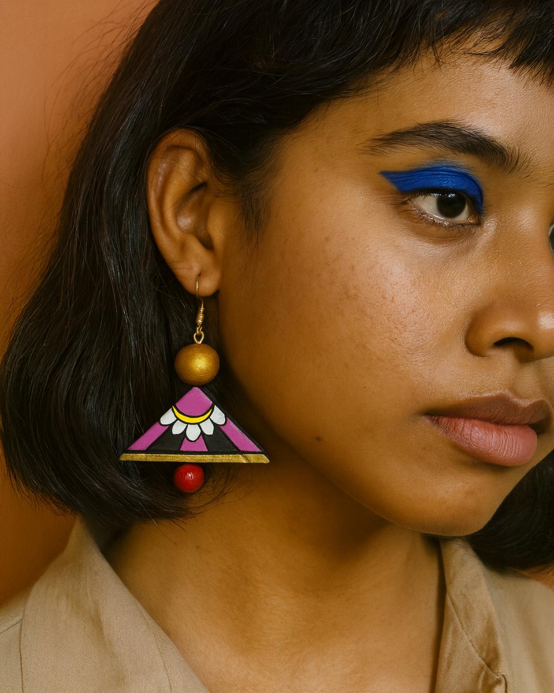 Pink & White Floral Triangle Drop Earrings