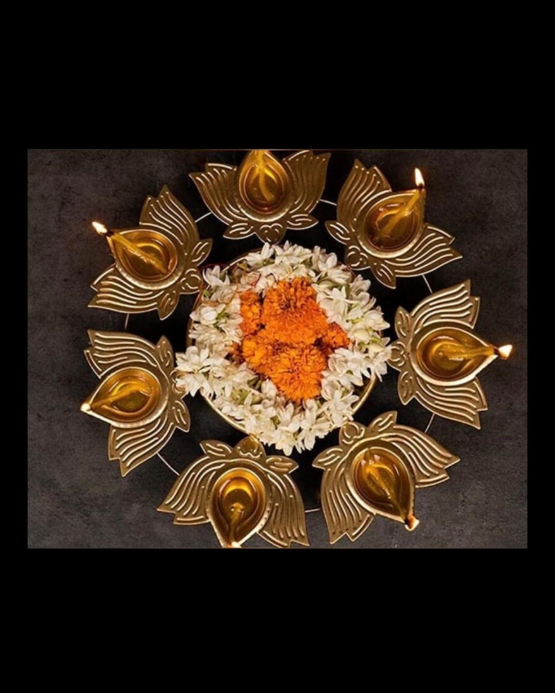 Golden Lotus Iron Diya Set with Central Bowl