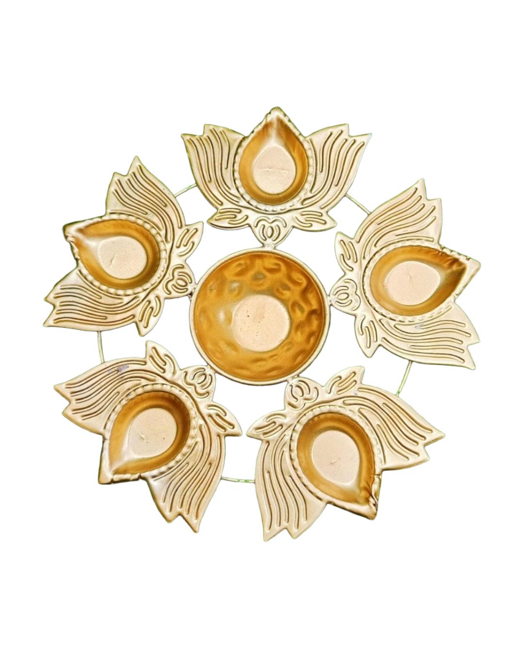 Golden Iron Lotus Diya Set – 5 Holders with Central Bowl