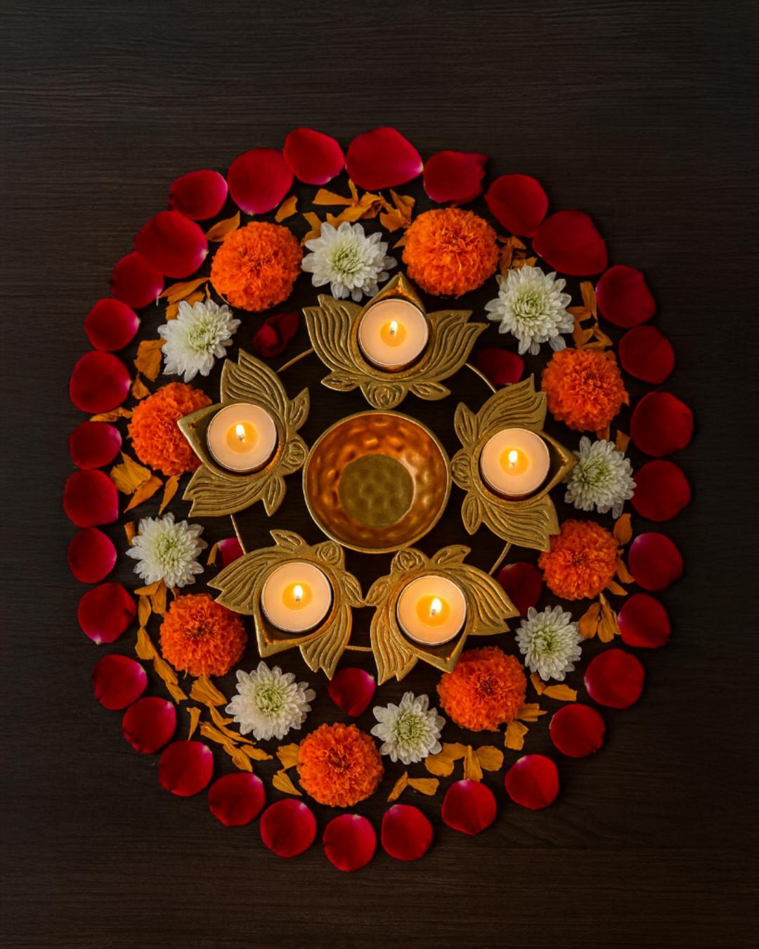 Golden Iron Lotus Diya Set – 5 Holders with Central Bowl