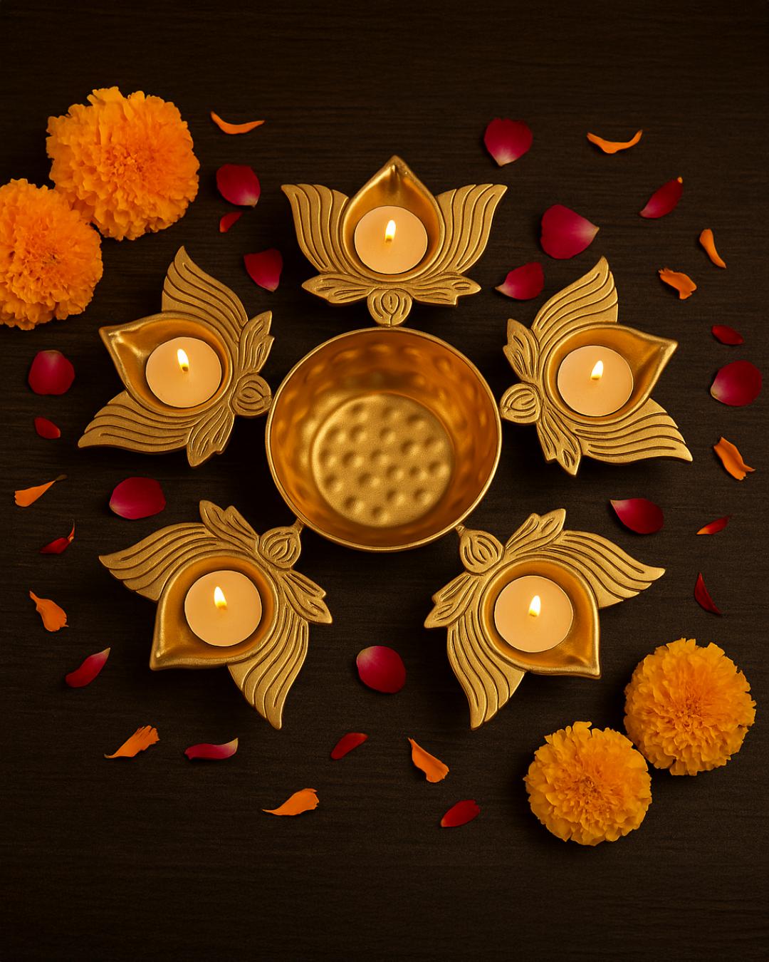 Golden Iron Lotus Diya Set – 5 Holders with Central Bowl