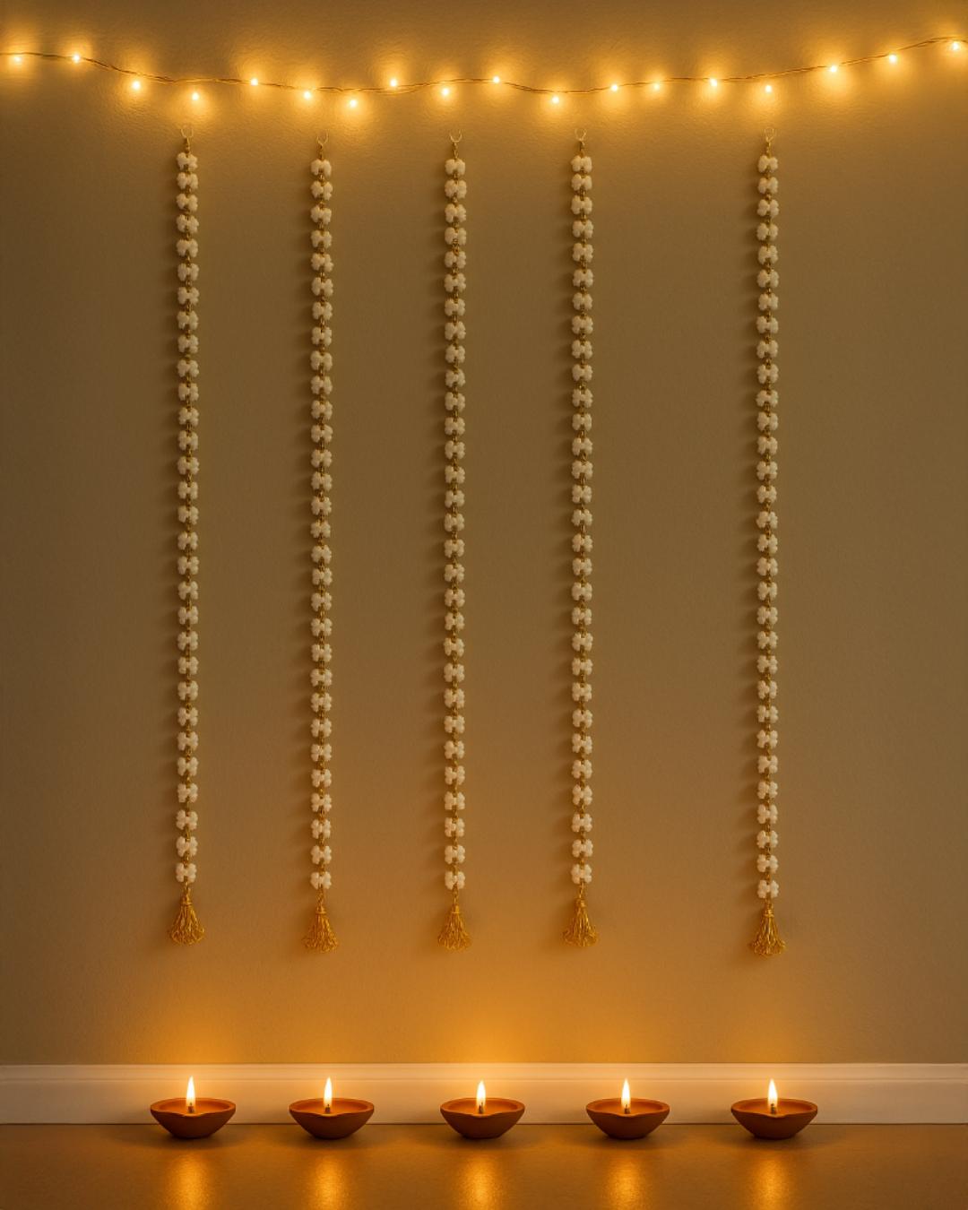 Luxury White & Gold Jasmine-Style Artificial Garland – Elegant Hanging String