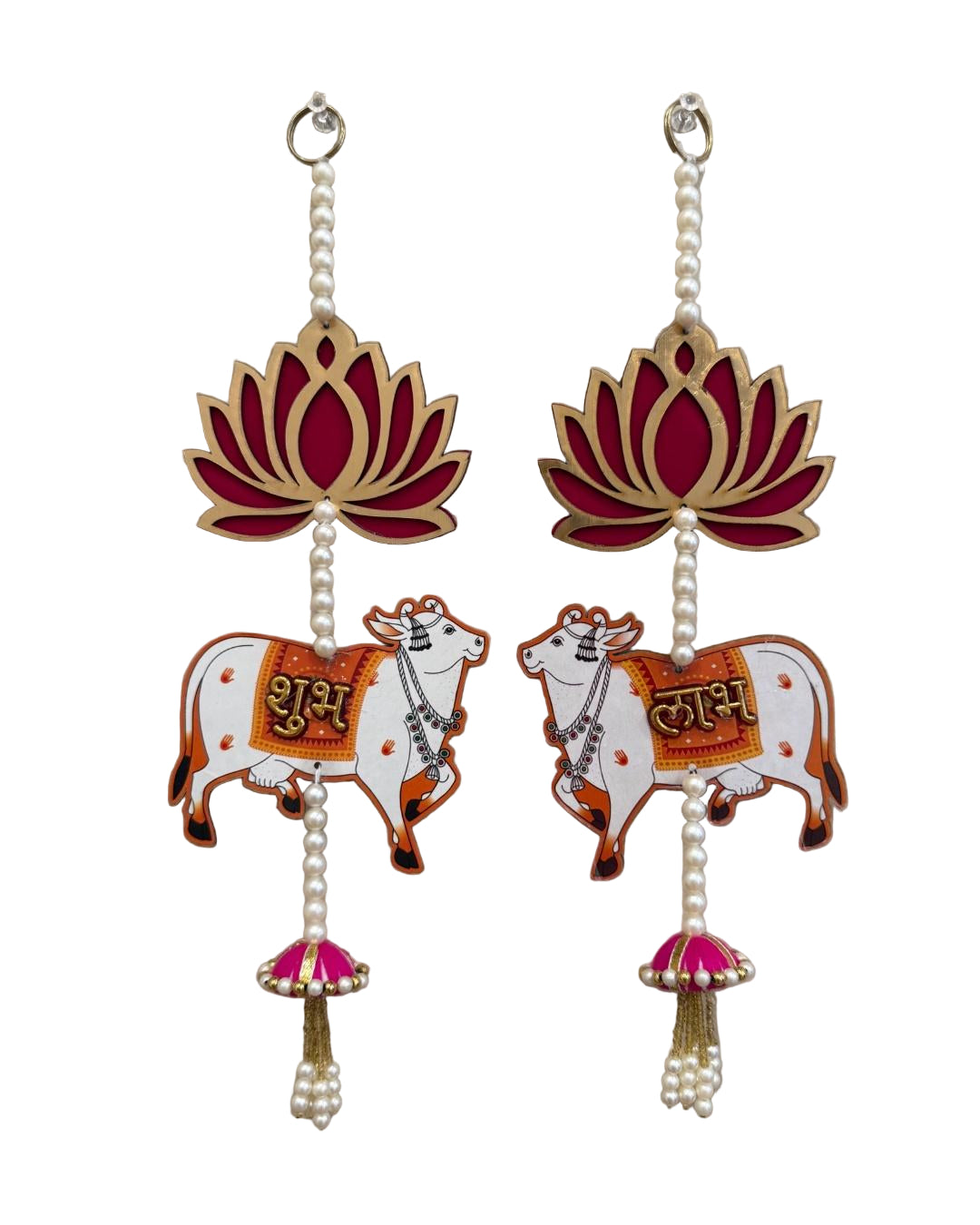 Shubh Labh Hanging Wall Decor with Cow & Lotus Design – Pair of Traditional Indian Door/Wall Hangings