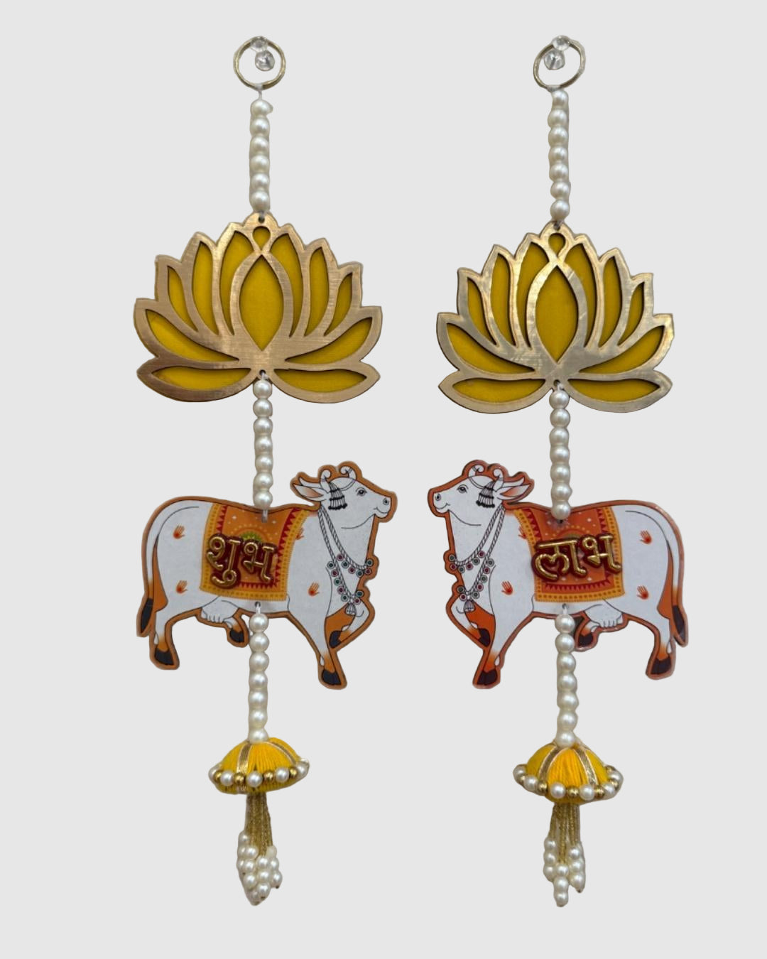 Shubh Labh Hanging Wall Decor with Cow & Lotus Design – Pair of Traditional Indian Door/Wall Hangings