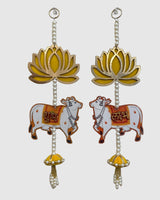 Shubh Labh Hanging Wall Decor with Cow & Lotus Design – Pair of Traditional Indian Door/Wall Hangings