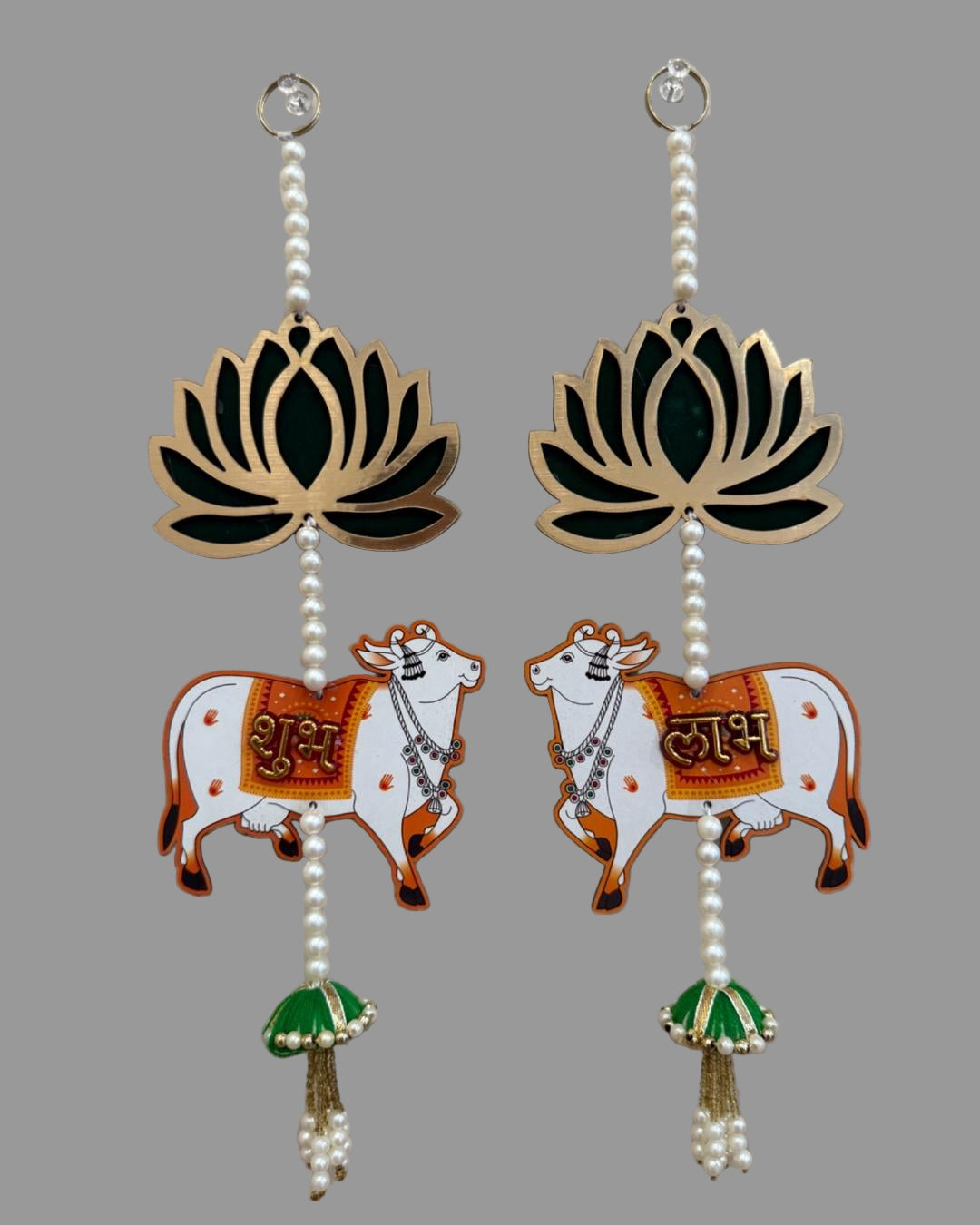 Shubh Labh Hanging Wall Decor with Cow & Lotus Design – Pair of Traditional Indian Door/Wall Hangings
