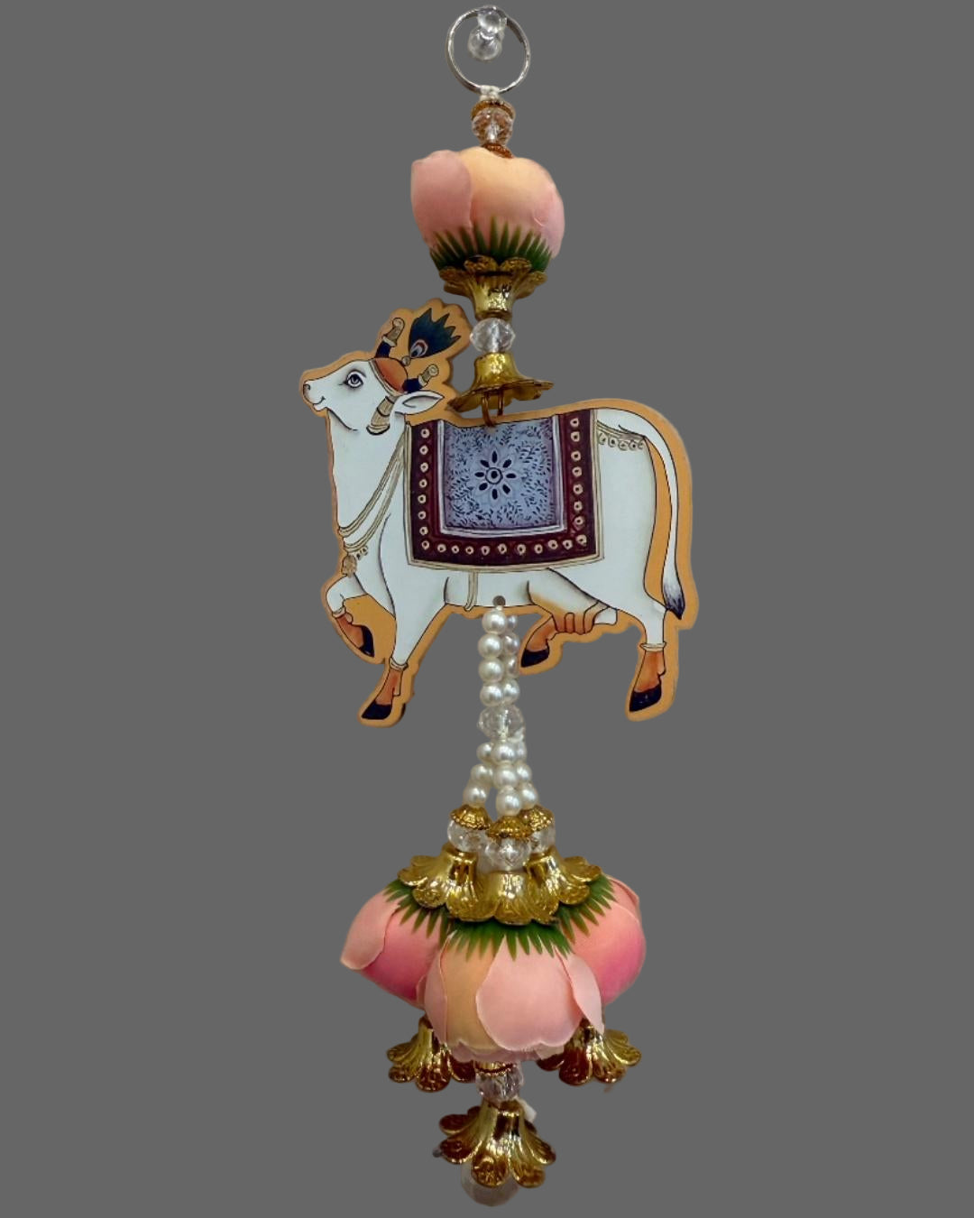 “Traditional Mandir Wall Hanging | Sacred Cow with Lotus Flowers | Temple & Home Decoration”