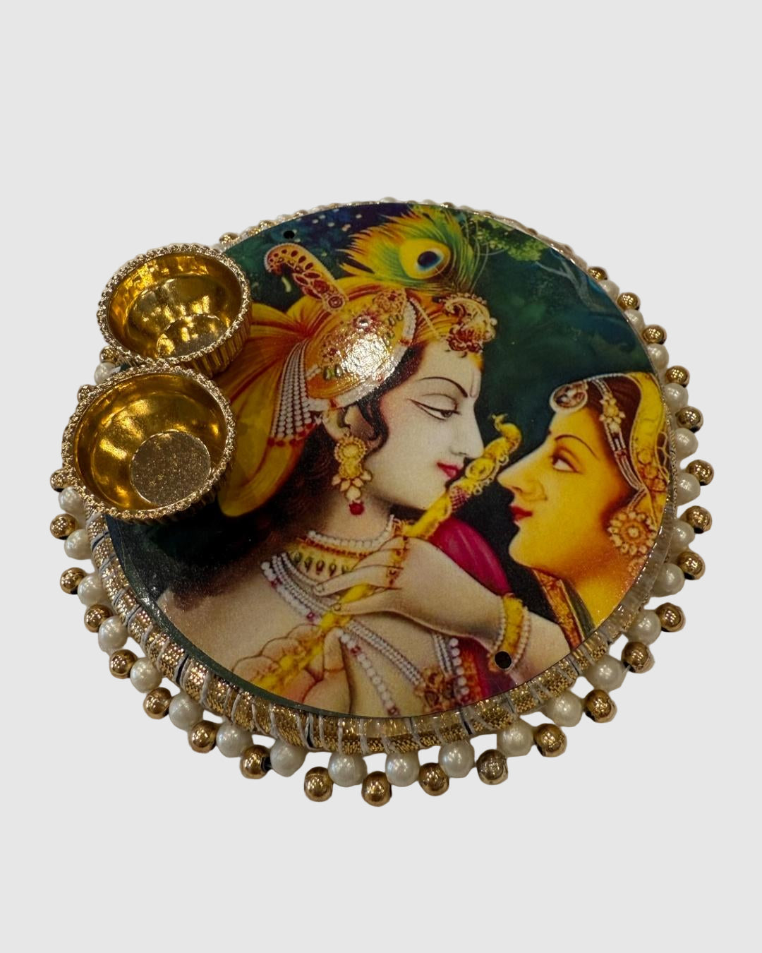 Radha Krishna Decorative Pooja Thali with Kumkum & Rice Holders