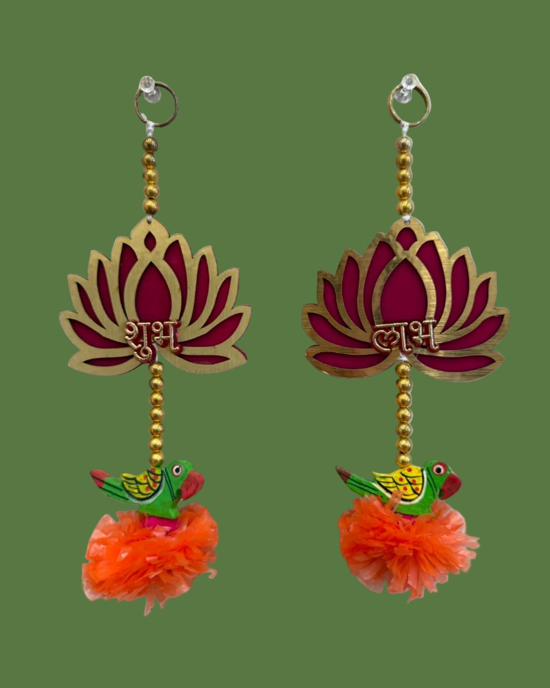 Shubh Labh Lotus Wall Hanging with Parrot & Pom-Pom Design