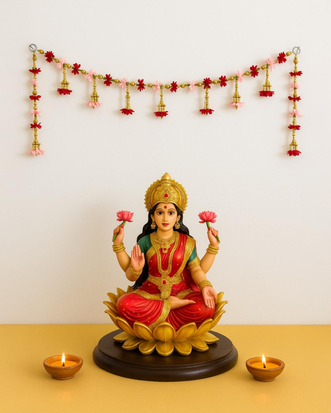 Pink & Red Floral Beaded Toran with Golden Bells