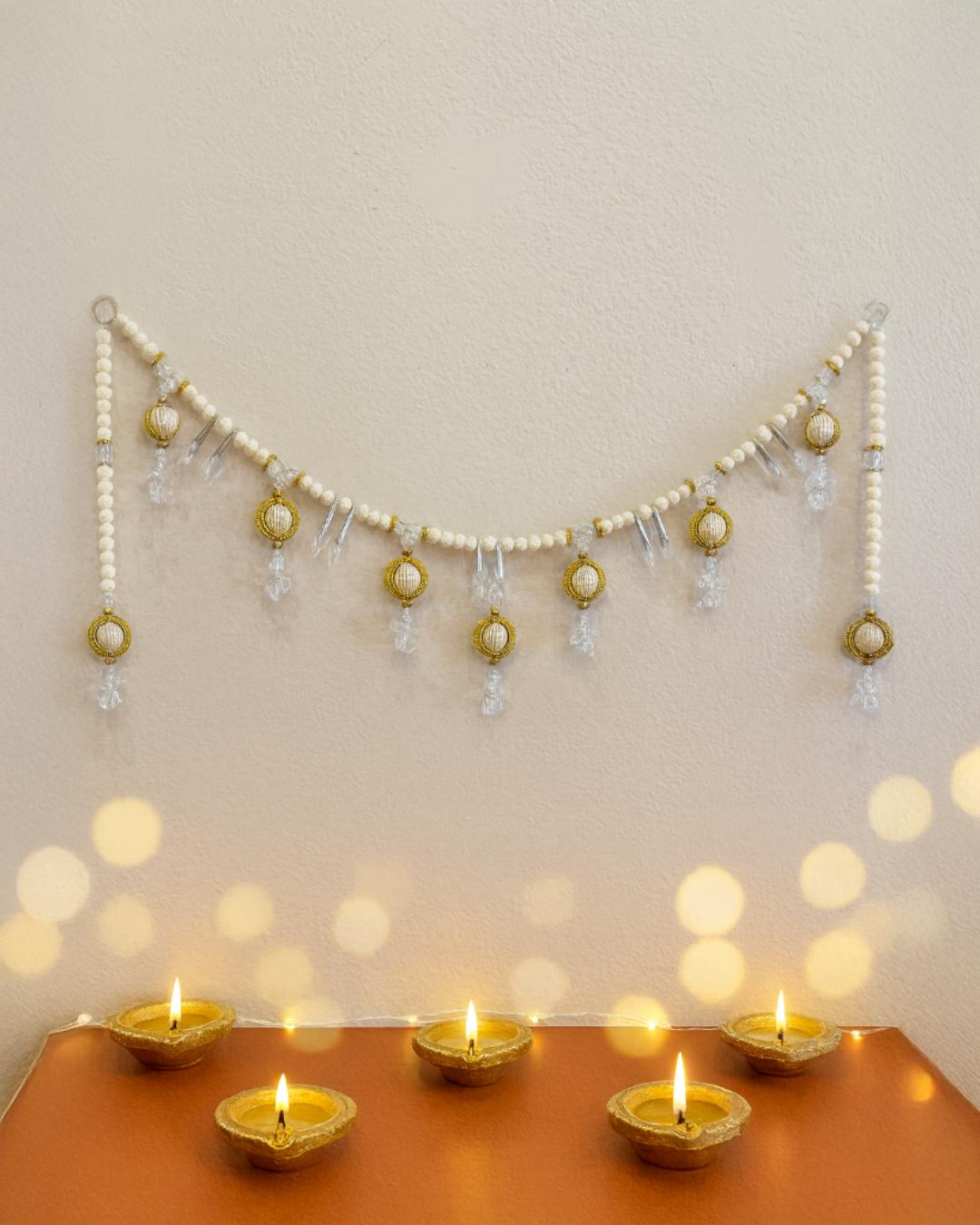 Crystal Elegance Toran – White & Gold Door Hanging for Festivals & Home Décor