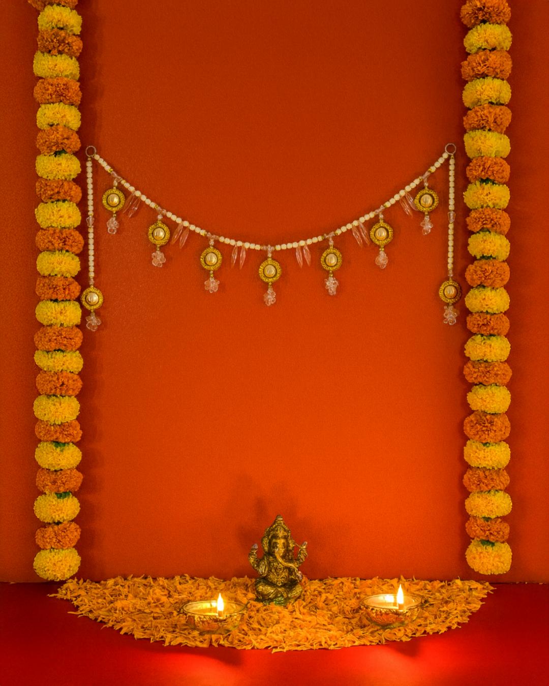 Crystal Elegance Toran – White & Gold Door Hanging for Festivals & Home Décor
