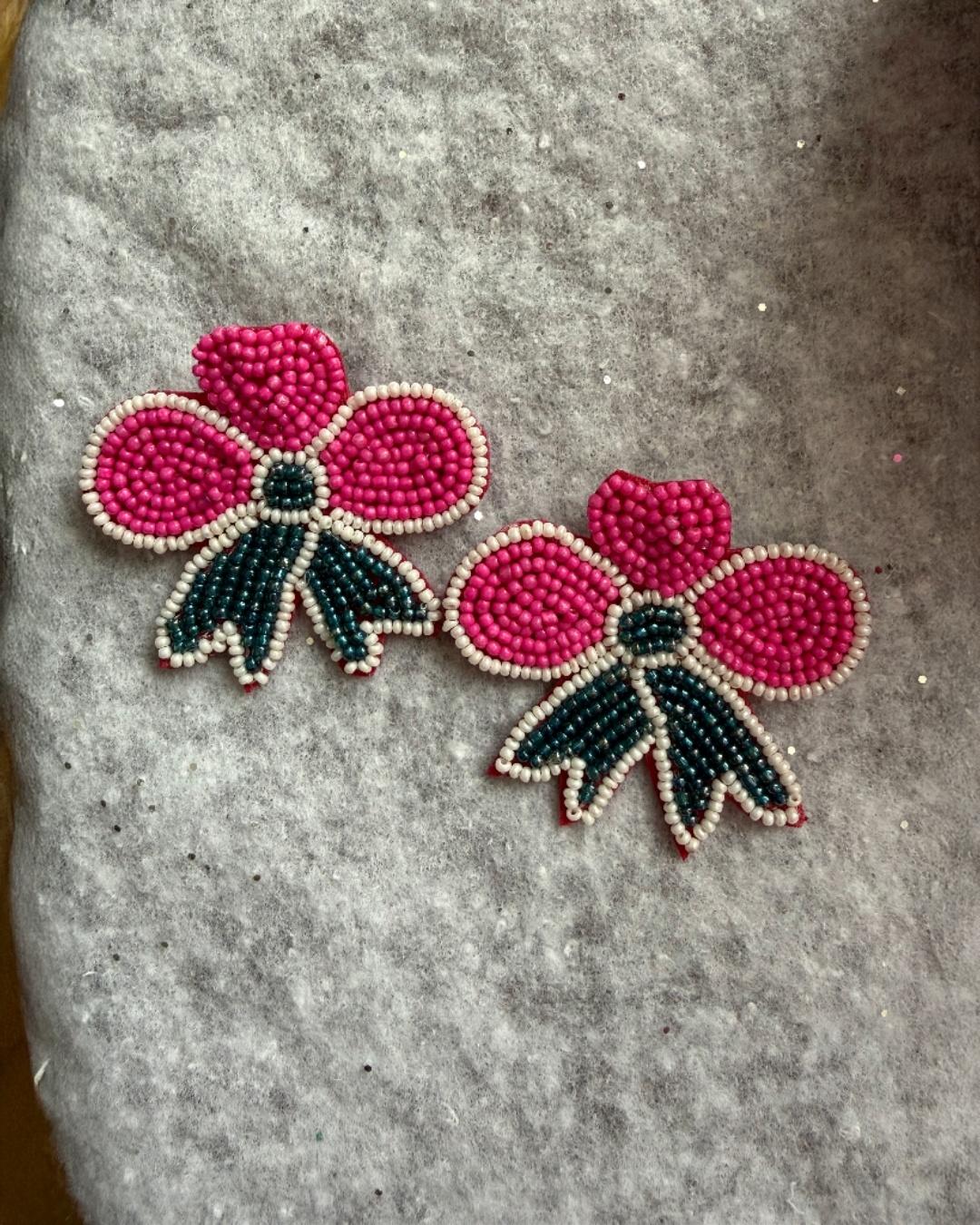 Beaded Christmas Bow Earrings – Festive Statement Studs