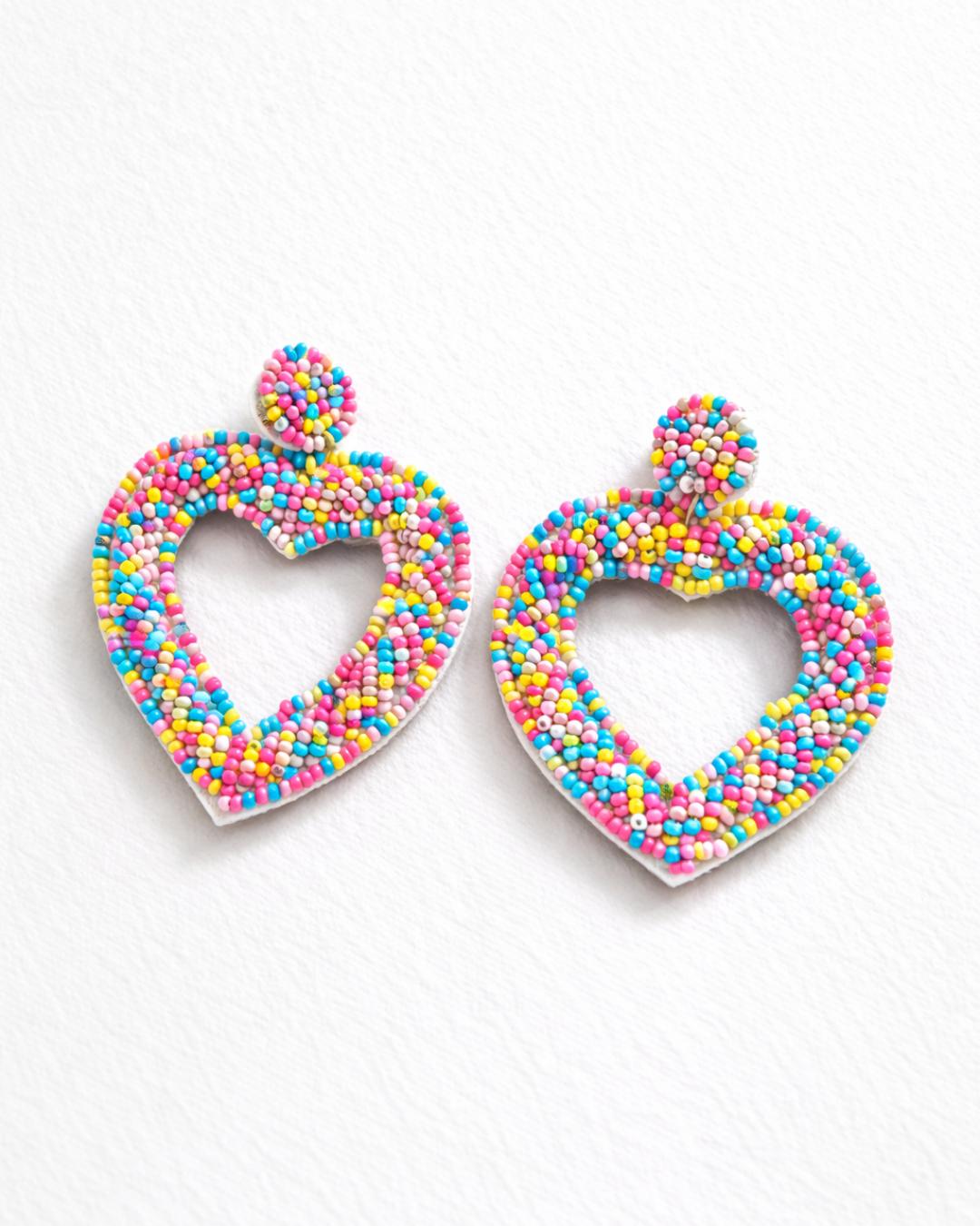 Colorful Beaded Heart Statement Earrings